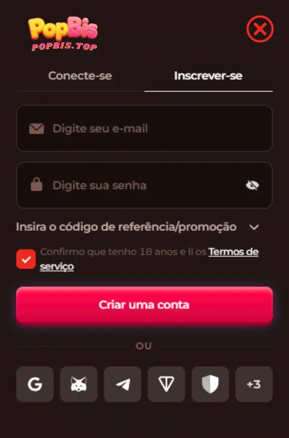 Tela de registro PopBis Cassino com formulário simples